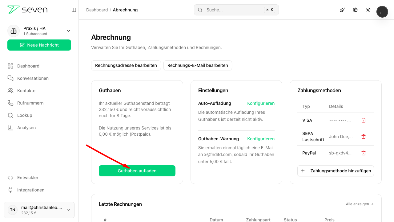 Abrechnungsseite mit Guthaben aufladen