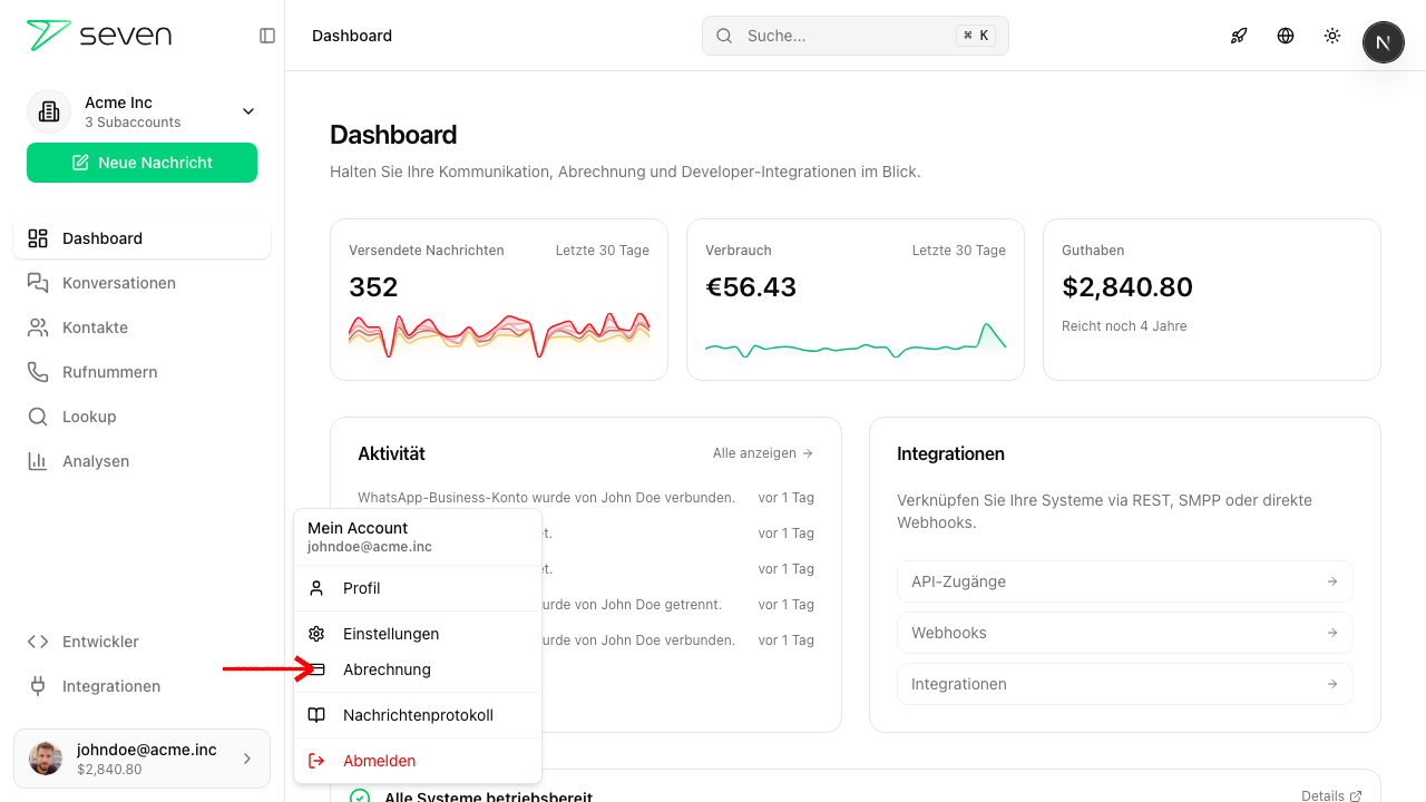 Benutzermenü mit Abrechnung