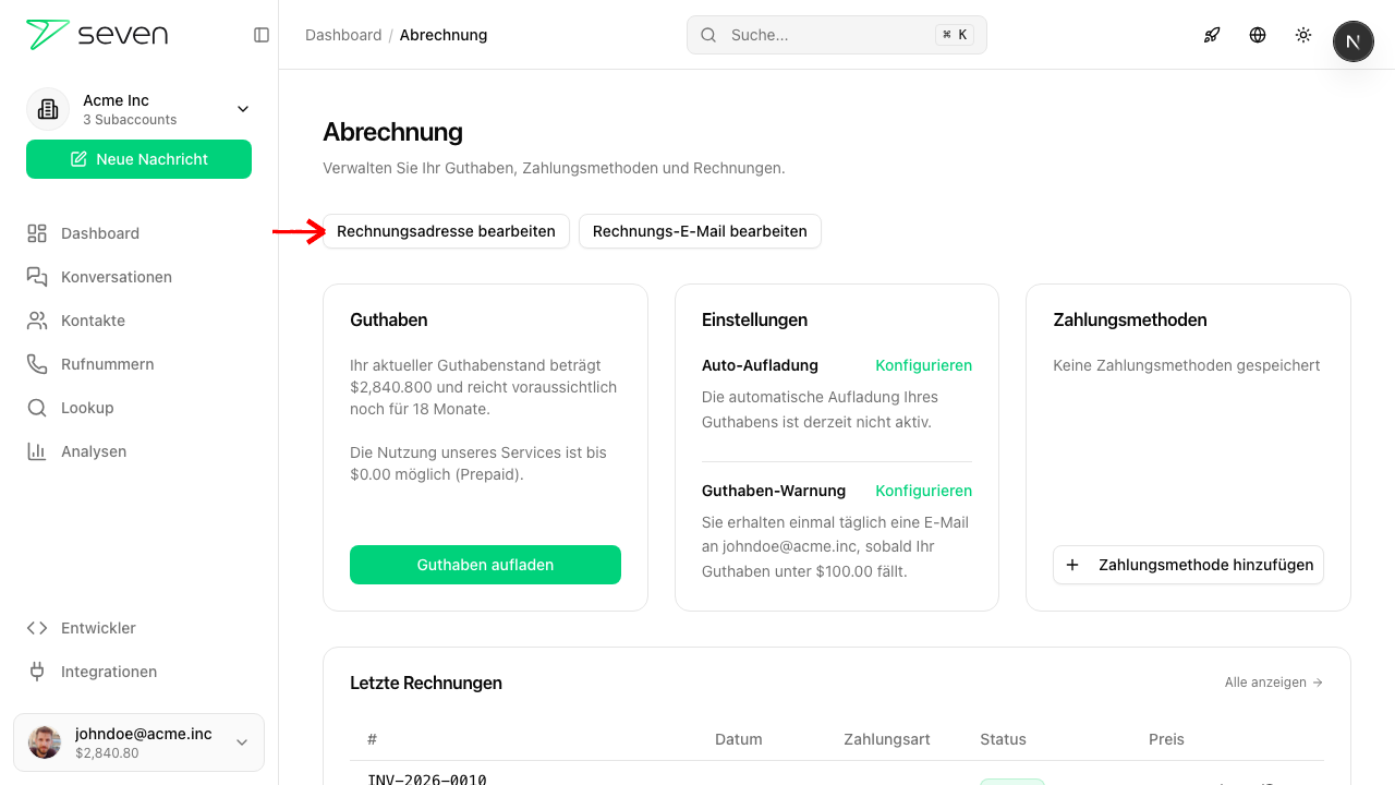 Abrechnungsseite mit Button Rechnungsadresse bearbeiten