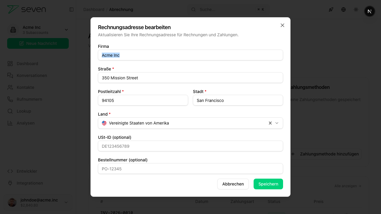 Modal Rechnungsadresse bearbeiten