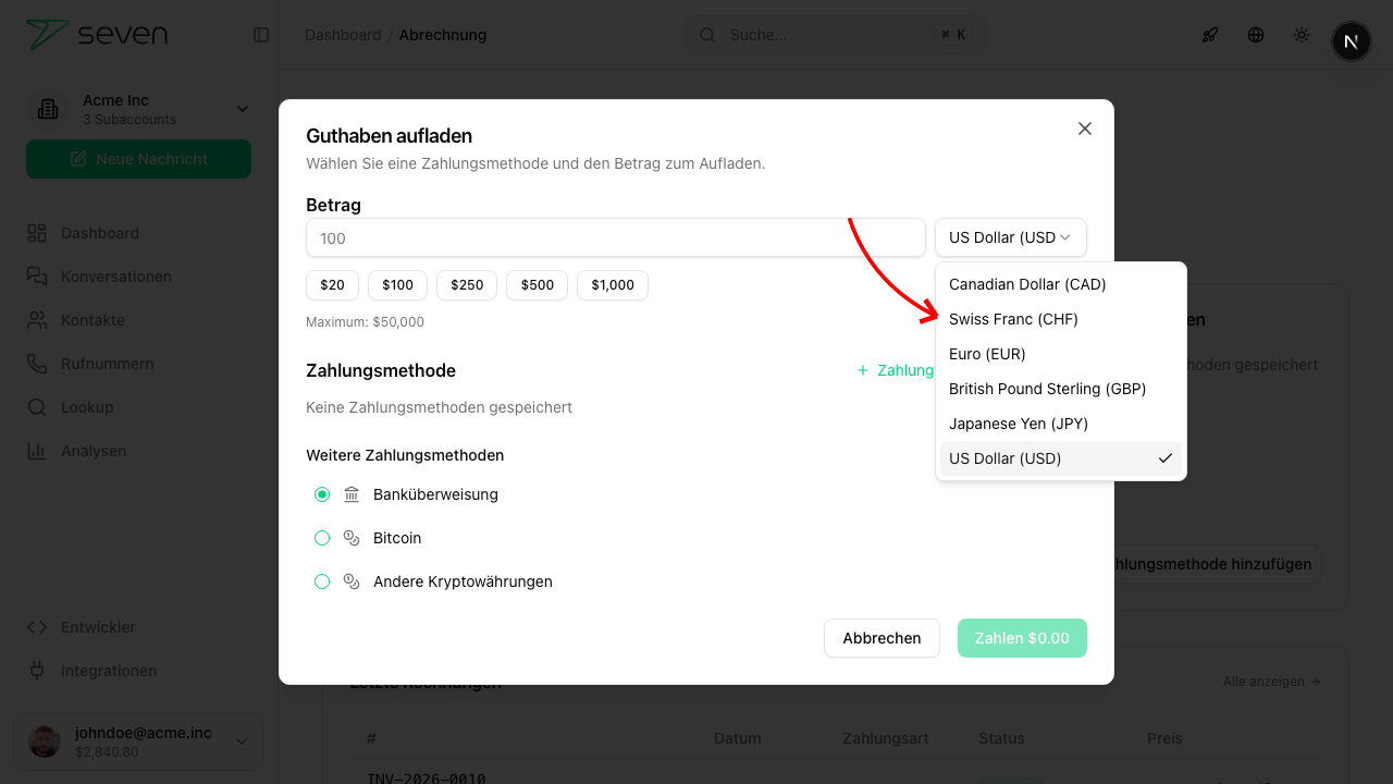 Währungsauswahl beim Aufladen