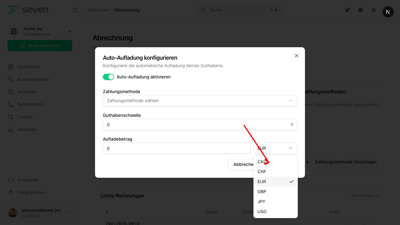 Währungsauswahl bei der Auto-Aufladung