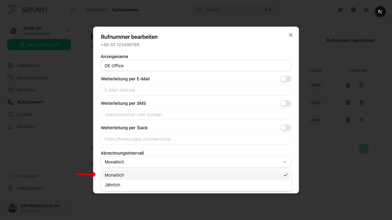 Rufnummer bearbeiten - Abrechnungsintervall ändern