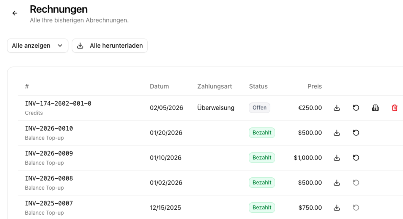 Rechnungsliste mit Aktionsbuttons