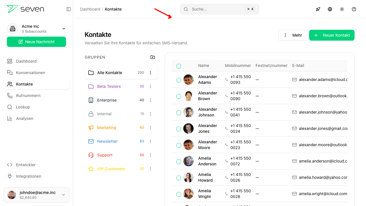Kontakte-Übersicht mit Neuer Kontakt Button