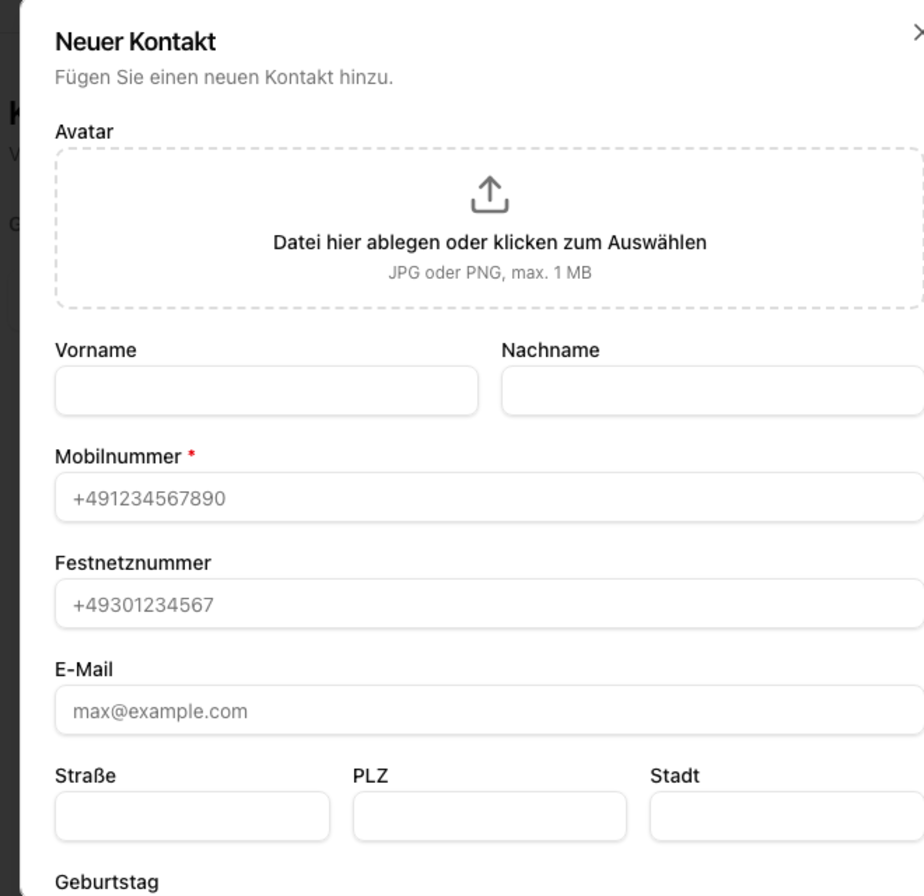 Neuer Kontakt Formular