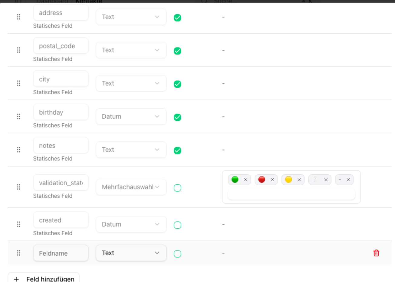 Benutzerdefinierte Felder - Neues Feld