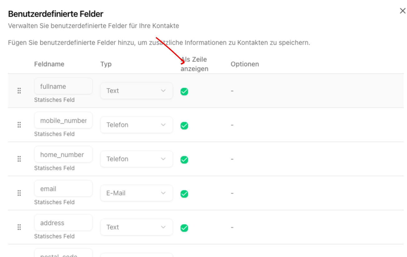 Benutzerdefinierte Felder - Spalte anzeigen