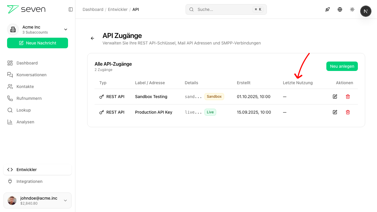 API-Zugänge mit Letzte Nutzung