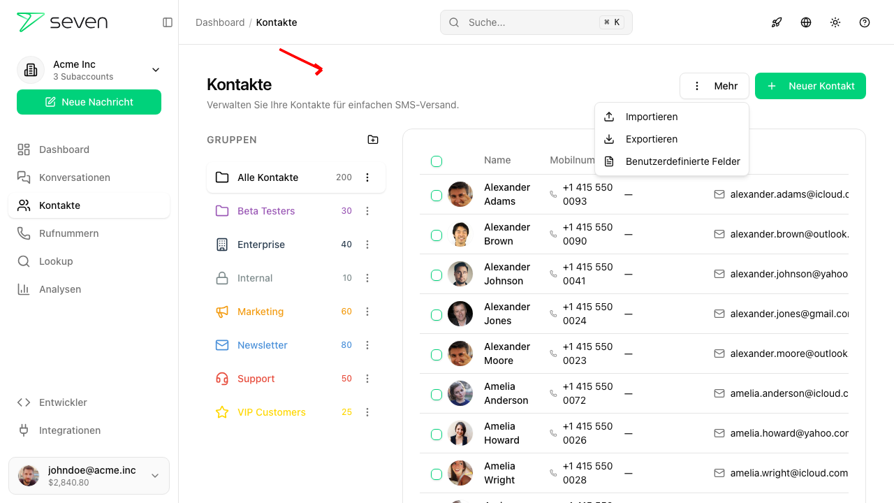 Kontakte exportieren - Mehr-Menü