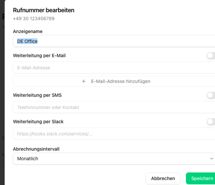 Rufnummer bearbeiten - Weiterleitung
