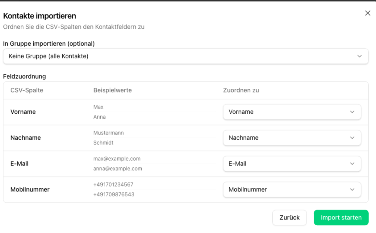 Kontakte importieren - Feldzuordnung