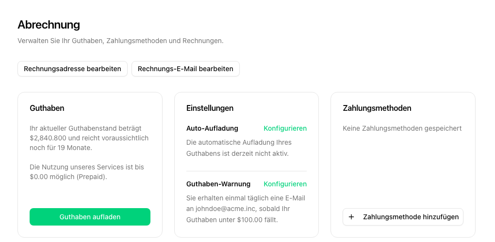 Abrechnungsseite mit Guthaben-Warnung