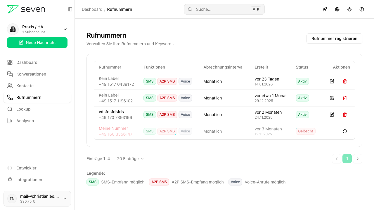 Rufnummern-Übersicht mit Schaltfläche Rufnummer registrieren