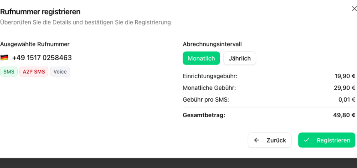 Rufnummer registrieren – Bestätigung und Abrechnungsintervall