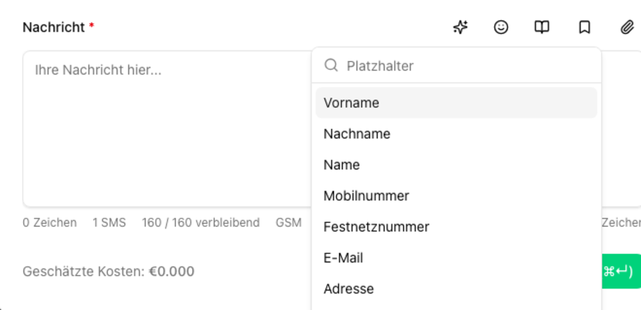 Platzhalter-Dropdown im Nachrichtenformular