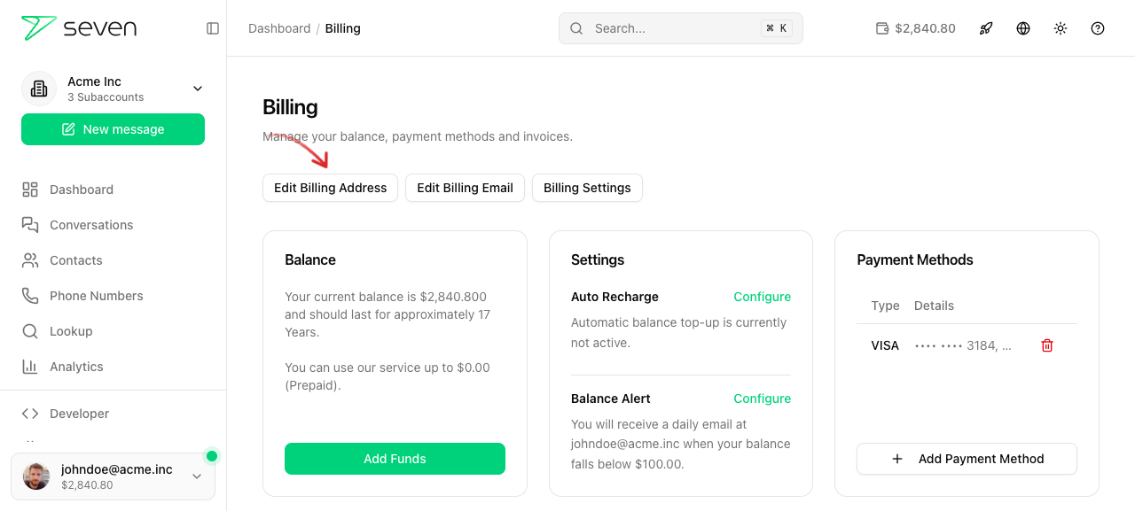 Abrechnungsseite mit Button Rechnungsadresse bearbeiten
