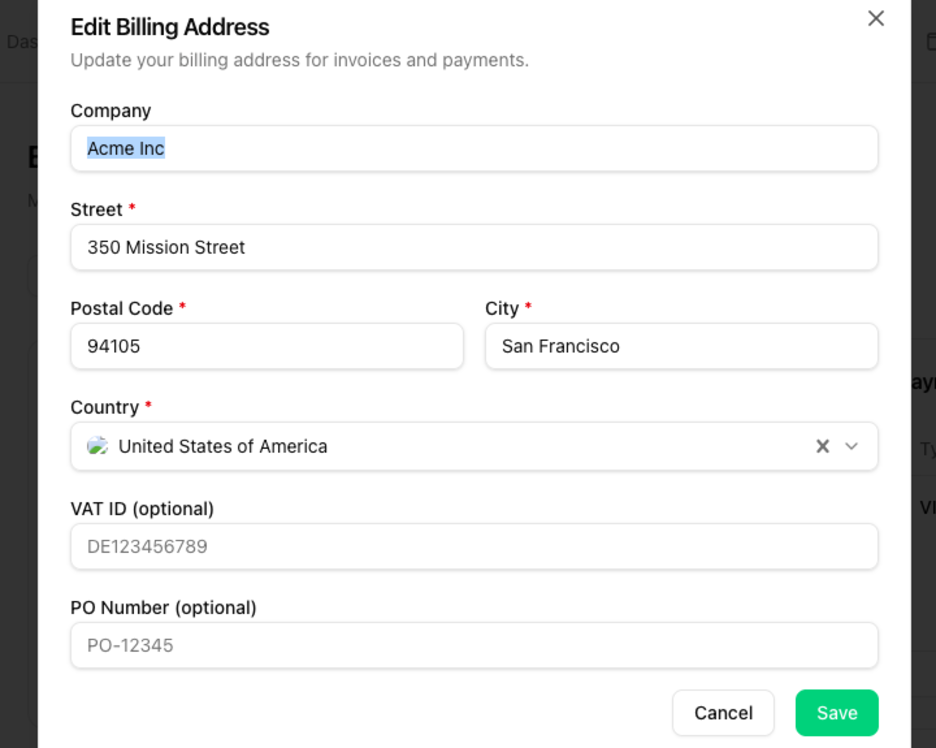 Dialog Rechnungsadresse bearbeiten