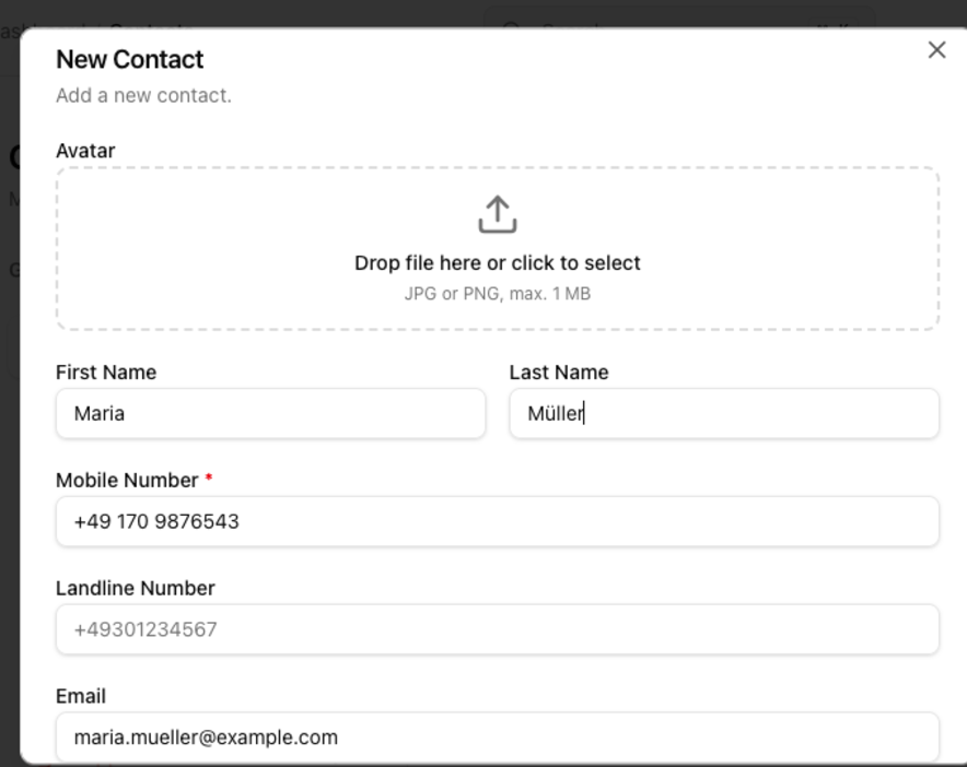 New Contact dialog with example data