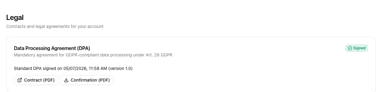 Page Juridique après la signature avec le statut "Signé", la date et les boutons "Contrat (PDF)" et "Confirmation (PDF)"