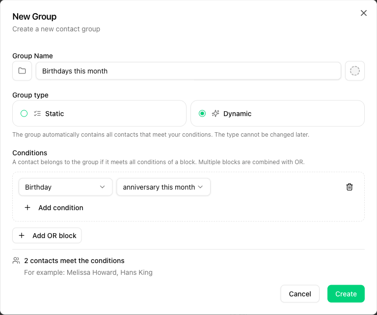 New Group dialog with group type Dynamic, one condition and the match preview