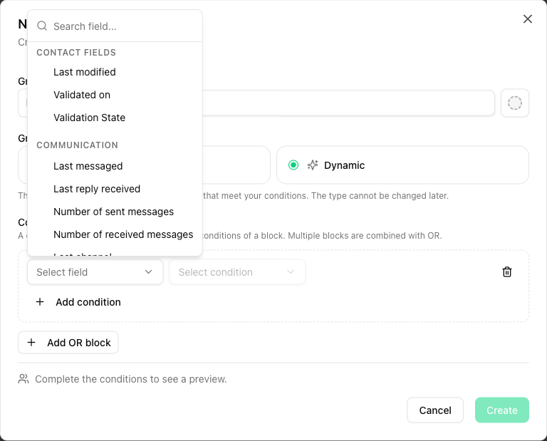 Open field picker with search box and the sections Contact fields and Communication