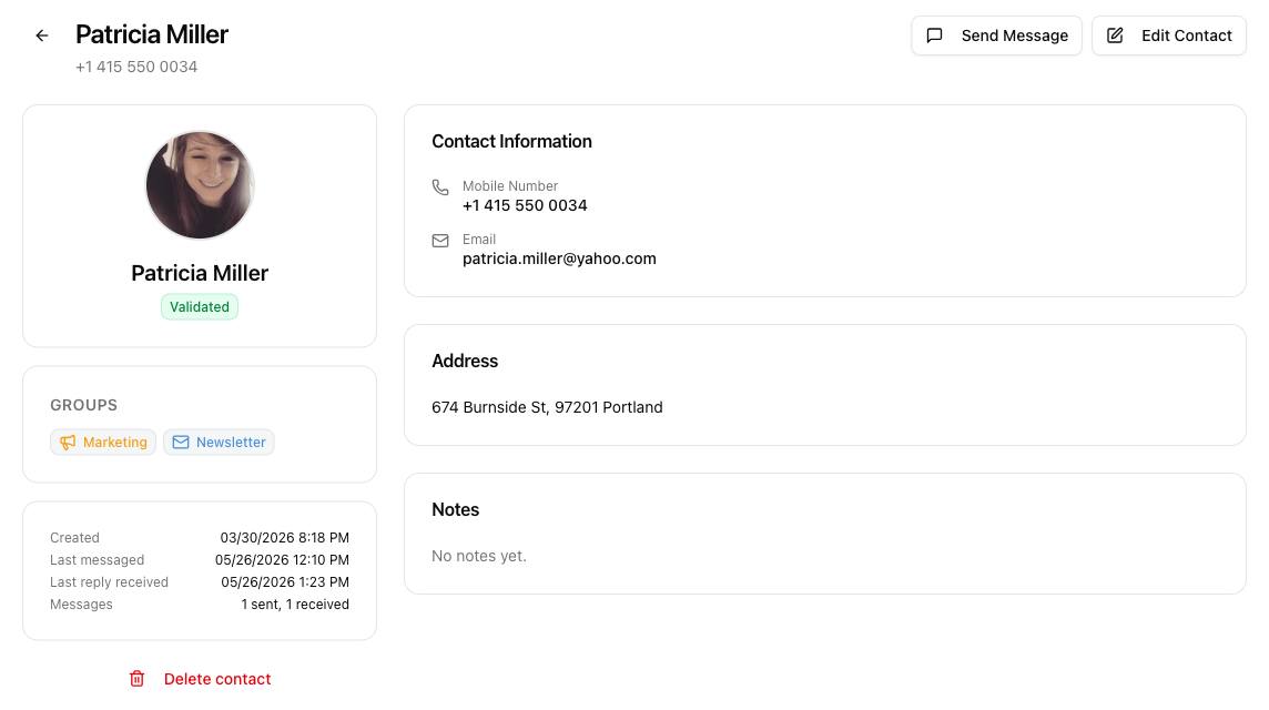 Contact detail page showing Last messaged, Last reply received and message counts
