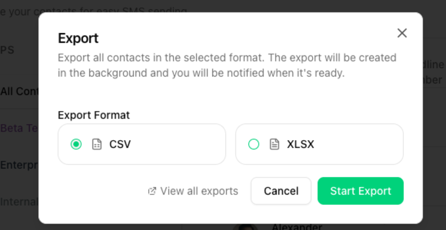 Exportieren-Dialog mit CSV/XLSX-Auswahl