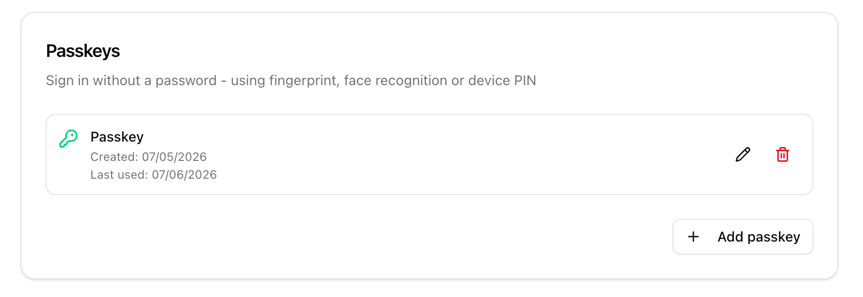 Passkeys section in the security settings with Add passkey button