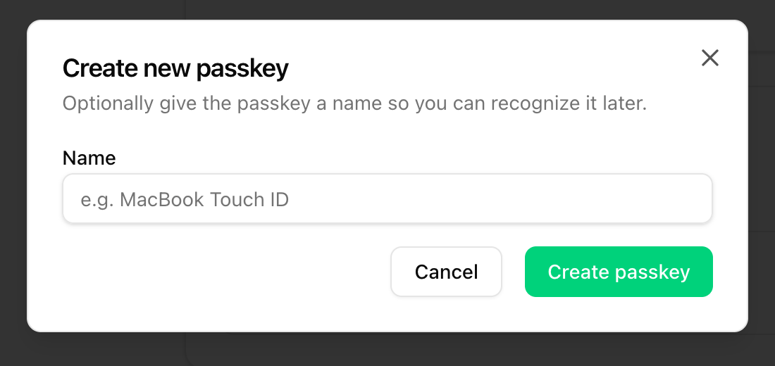 Create new passkey dialog with optional name field