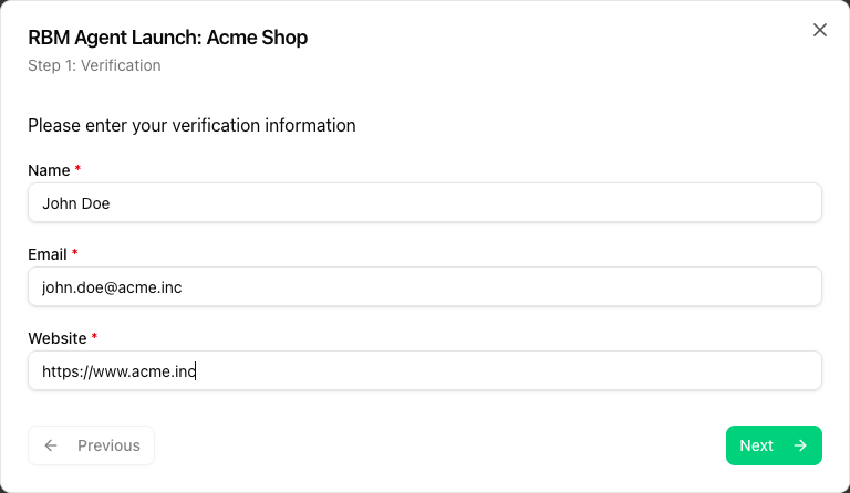 Passo 1 "Verification" na caixa de diálogo de lançamento com os campos Name, Email e Website