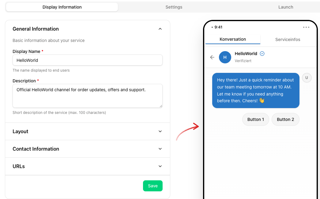 Einrichtungsseite des RCS-Services mit den Reitern Anzeige-Informationen, Einstellungen und Start; links das Formular mit Anzeigename und Beschreibung, rechts eine mit einem Pfeil markierte Live-Vorschau als Handy-Konversation