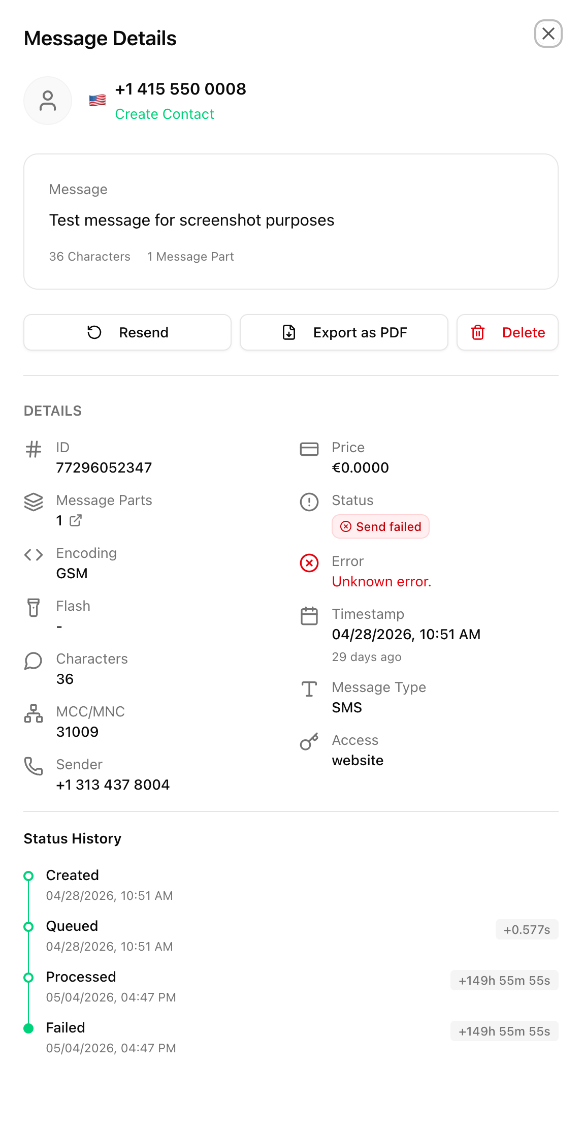 Modal Message Details con el texto del mensaje, los botones "Resend", "Export as PDF" y "Delete" y detalles como ID, estado, timestamp e historial de estado