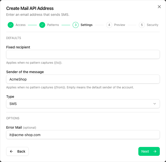 Settings step with Fixed recipient, Sender of the message, Type and Error Mail