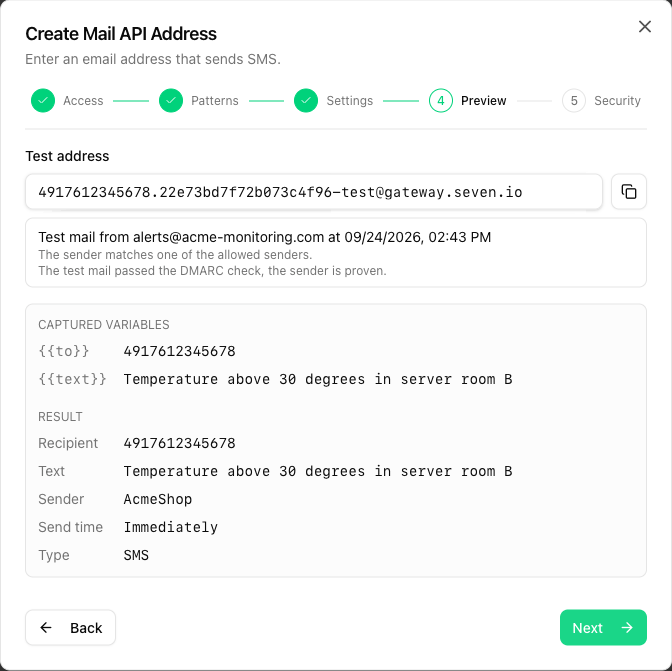 Preview step with a received test mail, captured variables and result