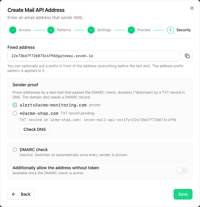Security step with fixed address, one proven sender and a domain with a pending TXT record