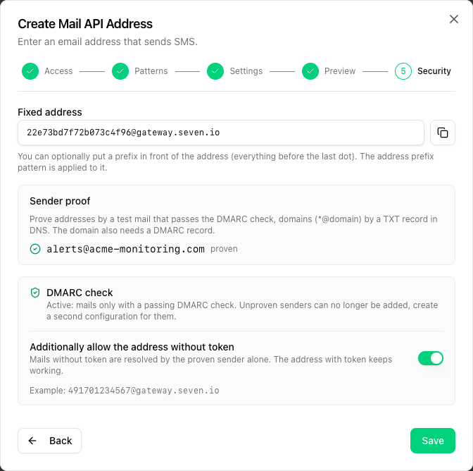 Security step with active DMARC check and enabled option Additionally allow the address without token