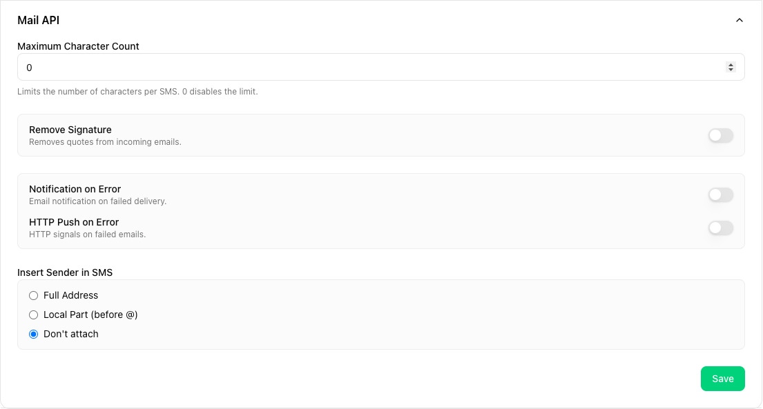 Mail API section in the developer settings