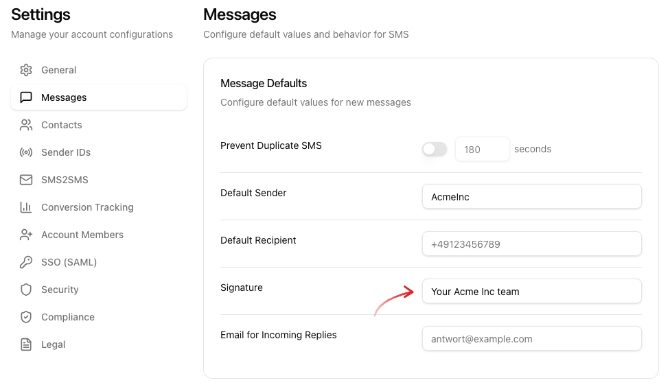 Einstellungsseite Messages mit dem Feld Signature im Bereich Message Defaults und einem Pfeil auf das Feld