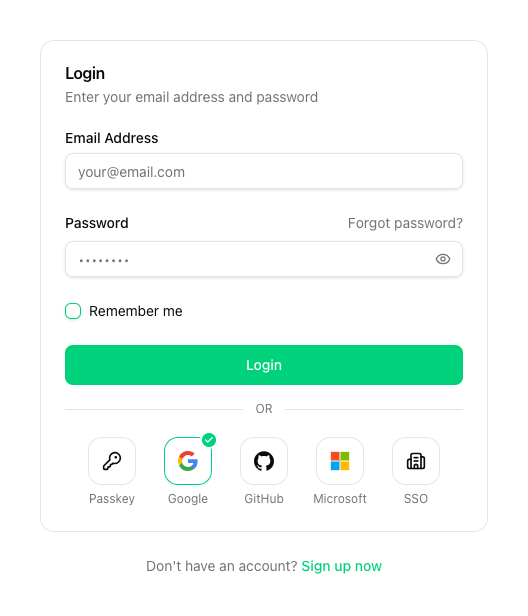 Login page with the sign-in options and a green checkmark on the last used method