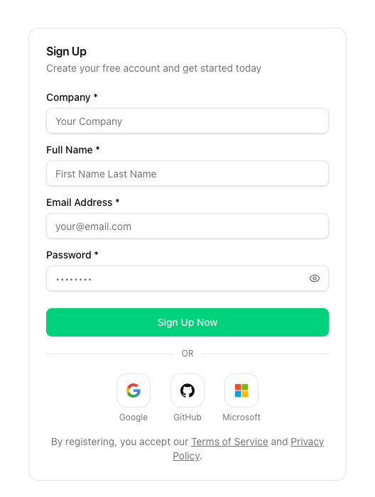 Sign-up page with the Google, GitHub and Microsoft provider options