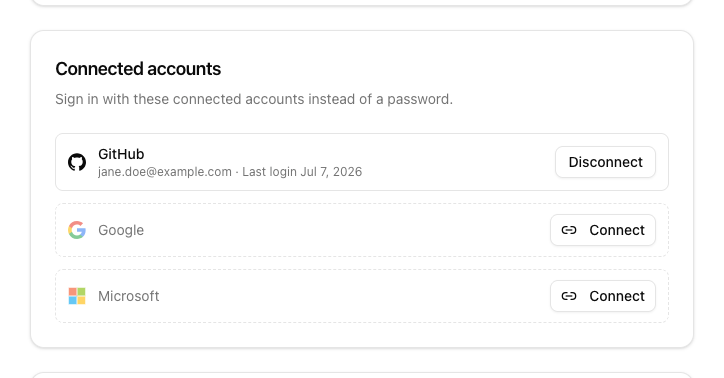 Connected accounts section in the security settings