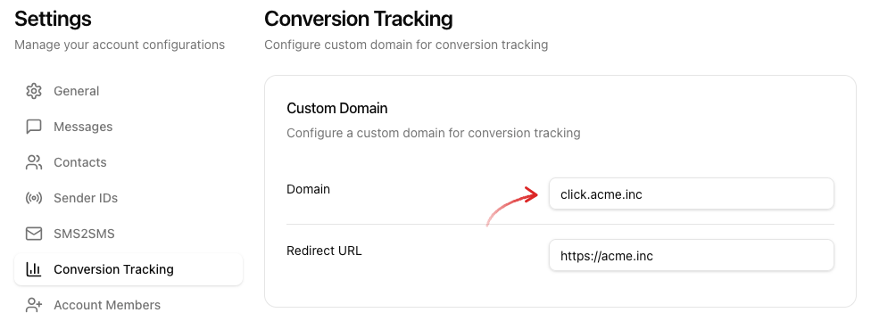 Conversion Tracking settings page with the Domain and Redirect URL fields in the Custom Domain section and an arrow pointing at the Domain field