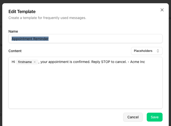 Edit Template Modal mit Name, Content-Editor und einer firstname-Pill im Text