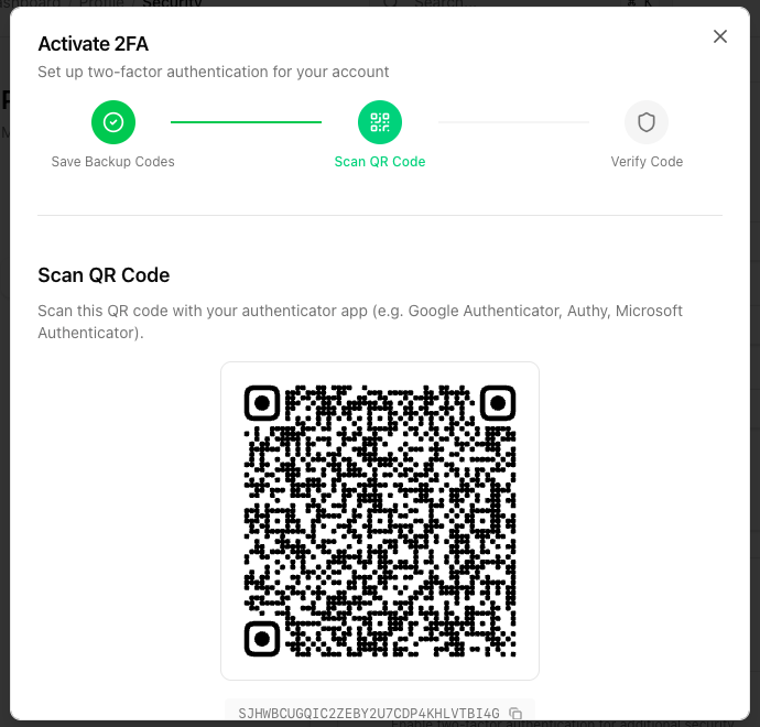 QR code step with scanning instructions and the secret key